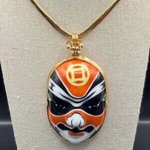 Signed Huang Chao Porcelain Kabuki Mask Necklace • Gold Tone Torque Collar • Han